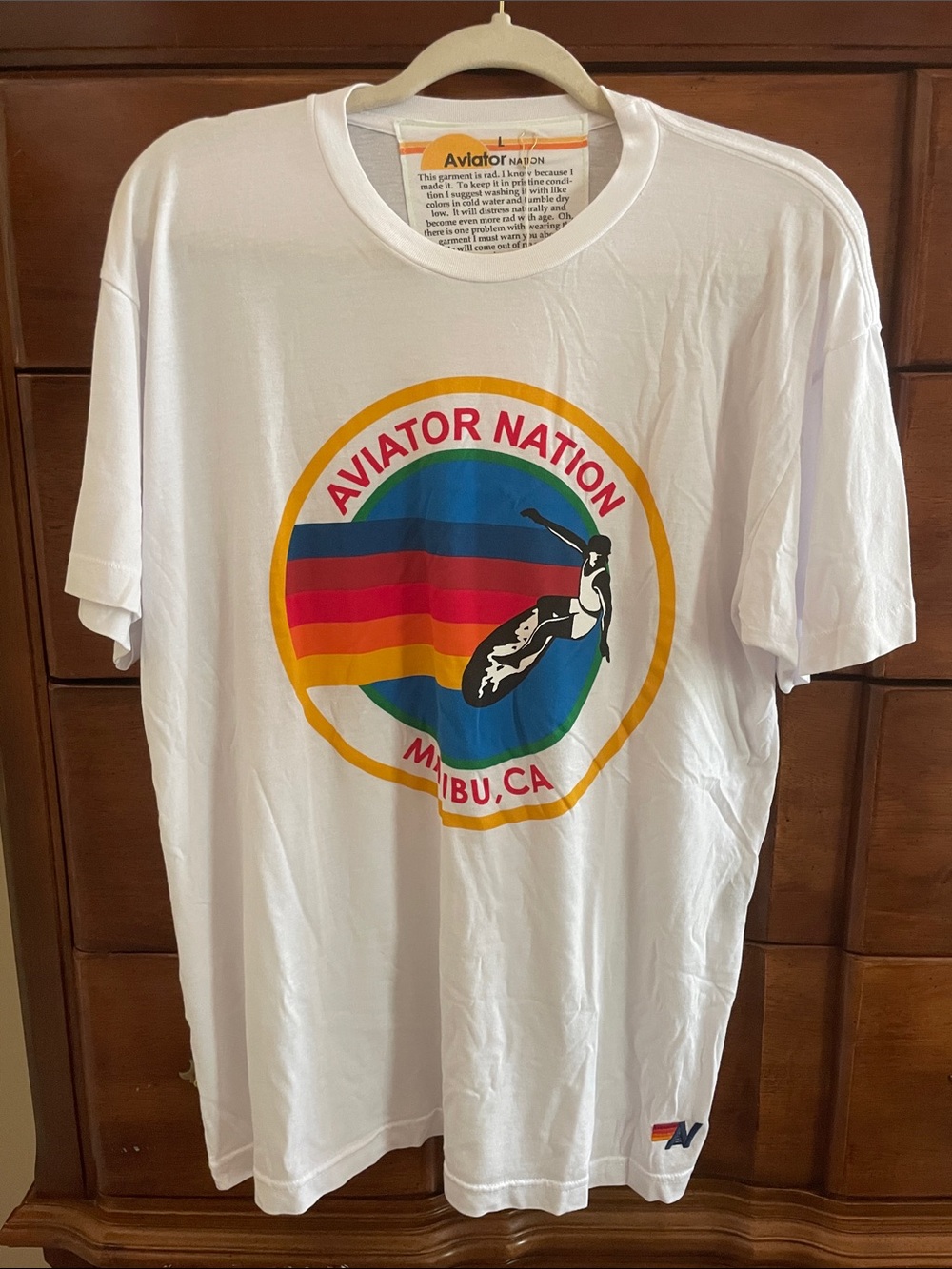 Aviator Nation White Tee with Rainbow Malibu Surf Graphic